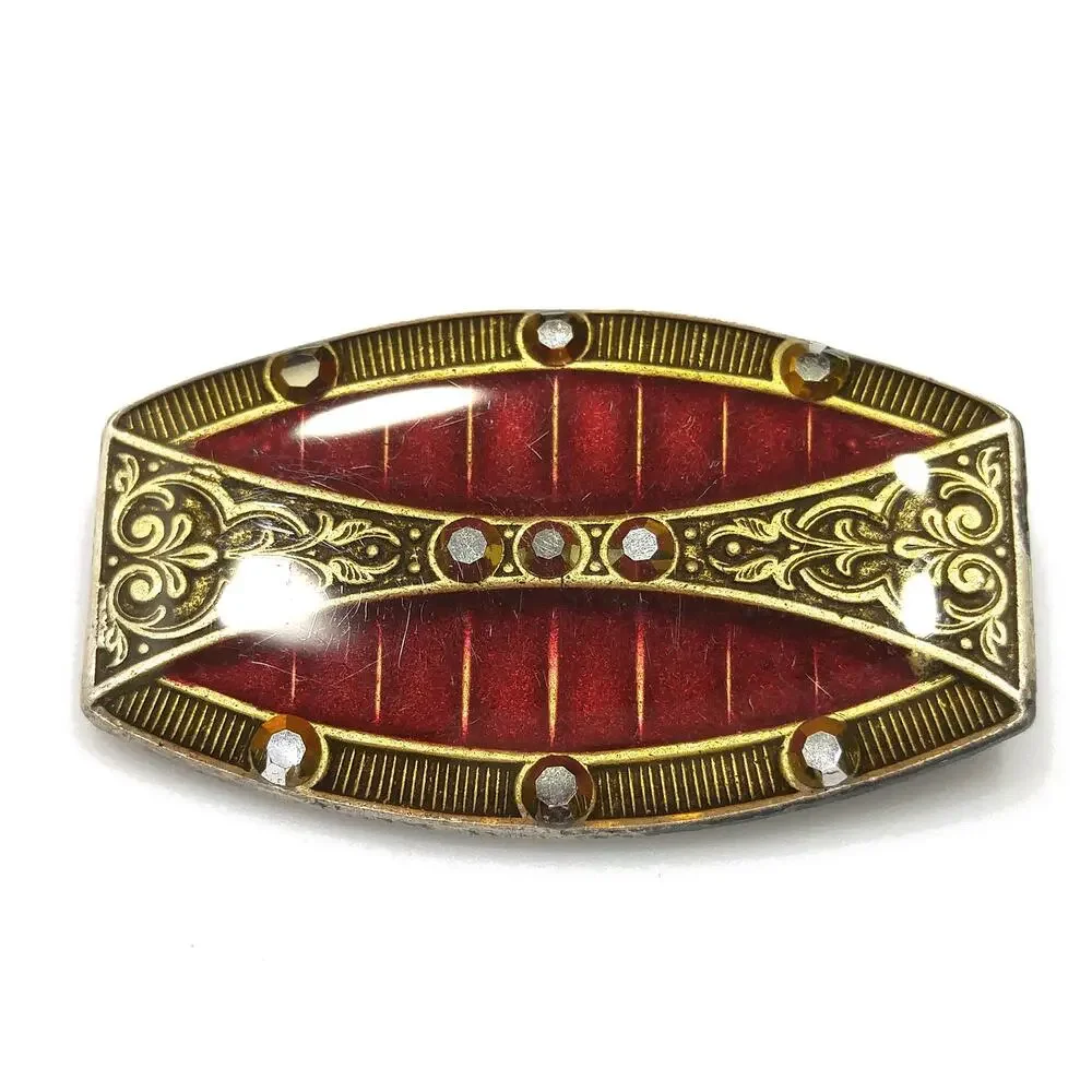 Catherine Popesco Red Enamel Art Deco Brooch, Rhinestones Under Enamel, France